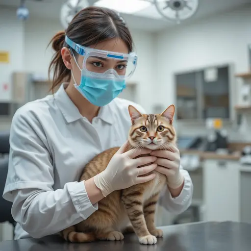 A veterinary professional in full PPE safely examining a feline patient, demonstrating proper zoonotic disease protocols.