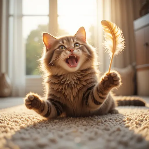 A happy, healthy indoor cat playing safely with a toy, showcasing the benefits of keeping pets indoors and fed cooked diets.