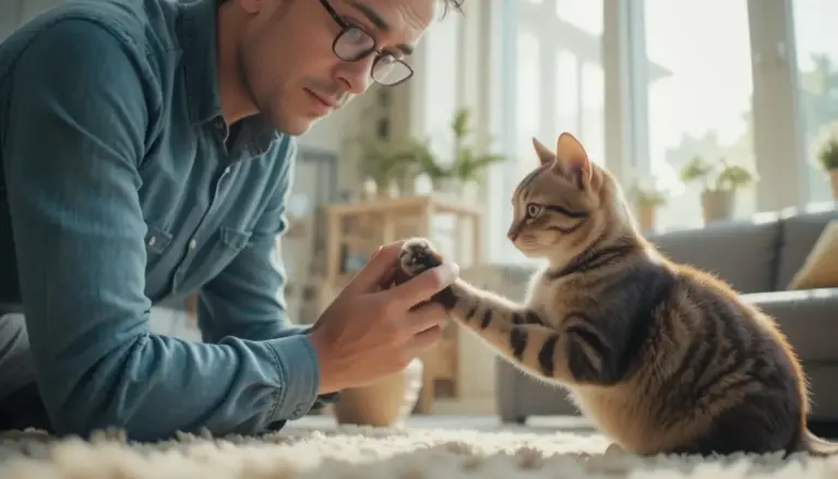Deadly Cat Fungus Approaching US: What Owners Must Know A concerned pet owner gently examining the paw of a tabby cat to check for signs of the deadly cat fungus.