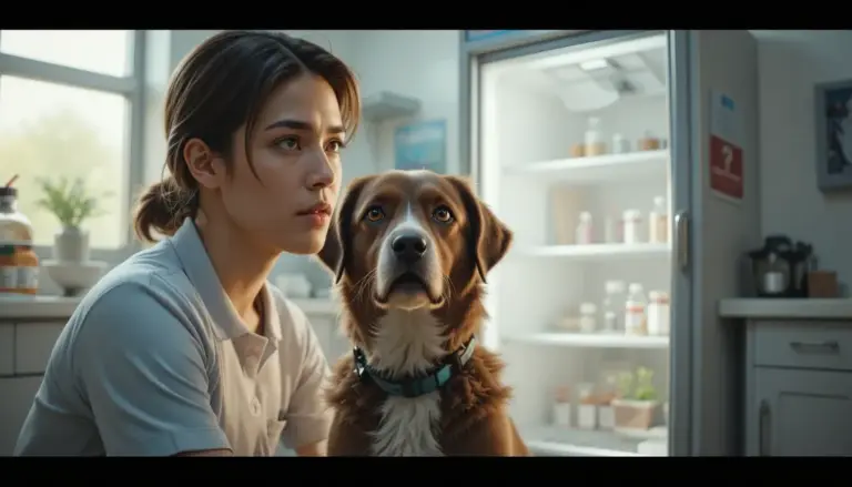 A concerned pet owner holding a leash while looking at an empty veterinary vaccine refrigerator, highlighting the dog flu vaccine shortage.