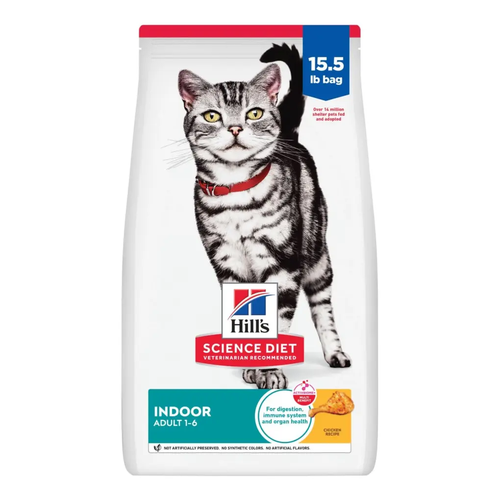 Bag of Hill's Science Diet Indoor Adult cat food, featuring a gray tabby cat and labeled 15.5 lb for digestion and immune health.