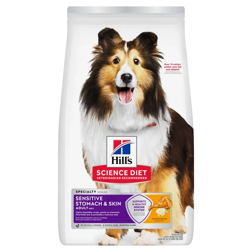 Bag of Hill's Science Diet dog food for adult dogs with sensitive stomach and skin, featuring a happy Shetland Sheepdog on the label.
