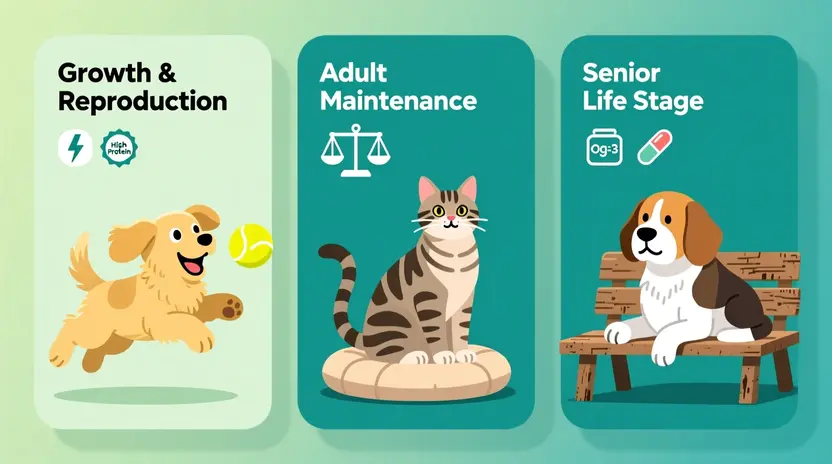 Illustration showing pet care stages: puppy for growth, adult cat for maintenance, and senior dog for senior life stage.
