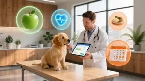A veterinarian examining a puppy with health and nutrition icons floating in a modern clinic for How to Choose Pet Food.