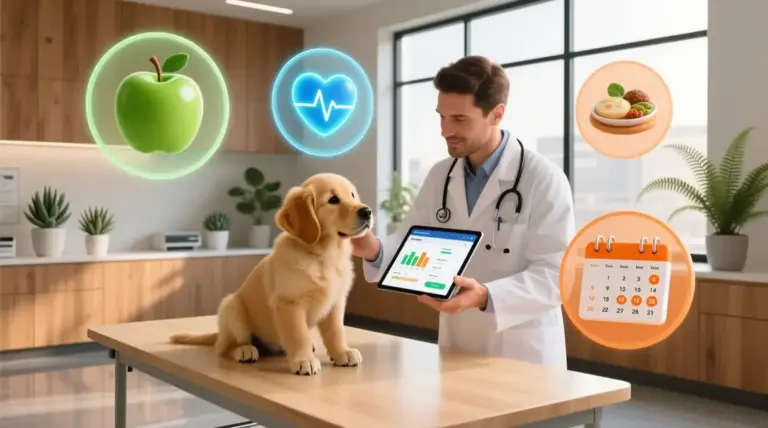 A veterinarian examining a puppy with health and nutrition icons floating in a modern clinic for How to Choose Pet Food.
