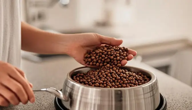 A person mixes a type of dry dog ​​food in a stainless steel bowl.