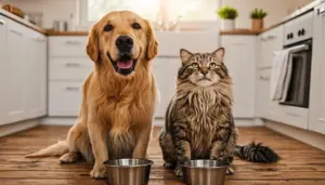 A golden retriever and fluffy tabby cat sit beside metal food bowls facing the camera with friendly, curious expressions for How to transition pet food.