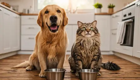 How to Transition Pet Food Safely: A Step-by-Step Guide A golden retriever and fluffy tabby cat sit beside metal food bowls facing the camera with friendly, curious expressions for How to transition pet food.