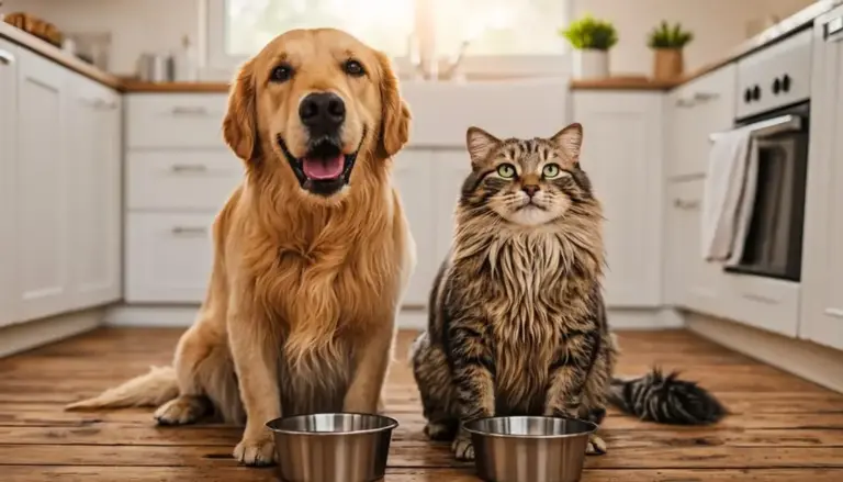 A golden retriever and fluffy tabby cat sit beside metal food bowls facing the camera with friendly, curious expressions for How to transition pet food.