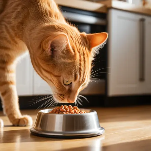 Picky Eater Dog or Cat? Proven Tips & Food Solutions 1 A close-up of an orange tabby cat carefully sniffing and examining kibble in a stainless steel bowl, showing natural food investigation behavior.