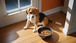 The beagle puppy looks at its food bowl with disinterest, which is typical for picky eater dog or cat!