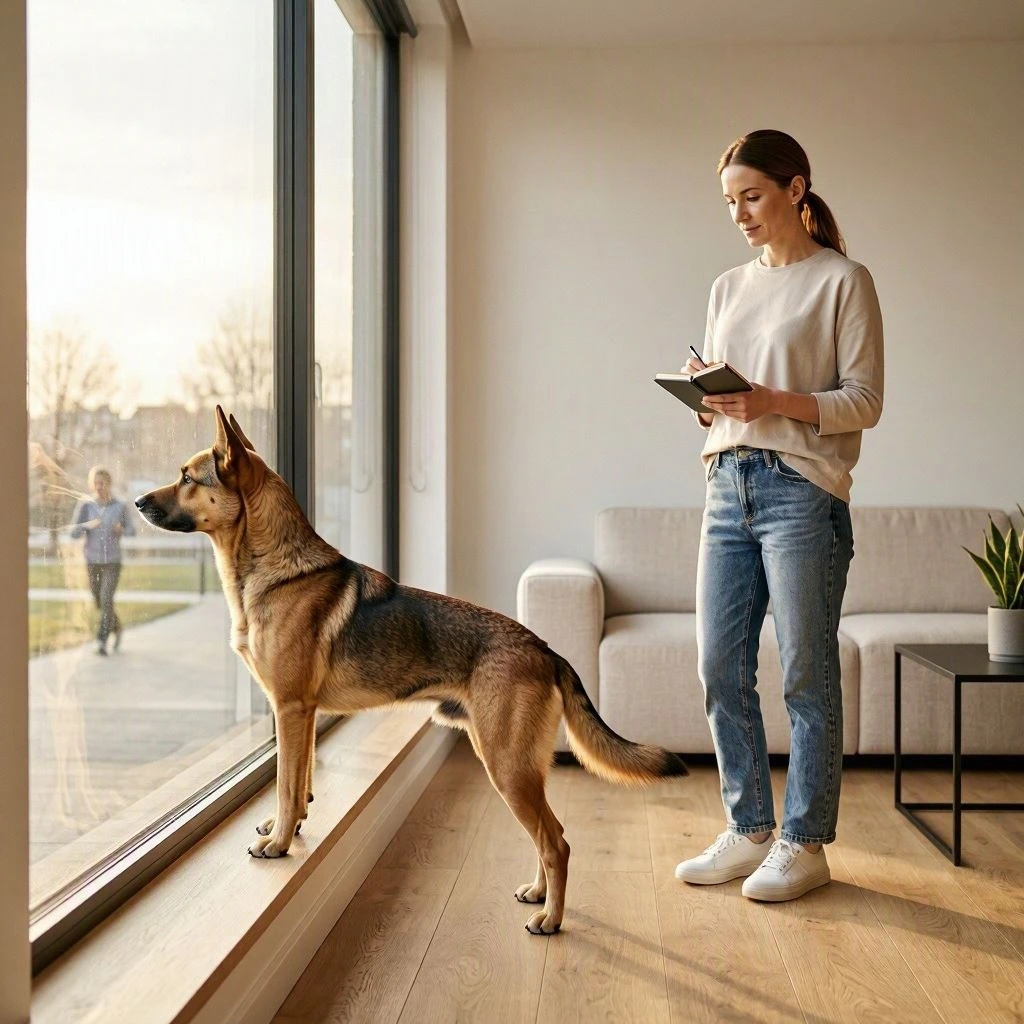 Why Is My Dog Barking? Causes, Triggers & Fixes 3 A woman stands in a living room taking notes on a clipboard while a German Shepherd dog looks out a large window.
