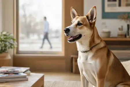 Dog barking while alert at a front window as a person passes outside