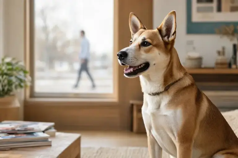 Why Is My Dog Barking? Causes, Triggers & Fixes Dog barking while alert at a front window as a person passes outside