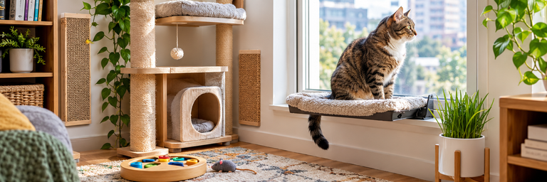 Indoor Cat Enrichment: A Vet-Backed 5-Pillar Framework 1 Cat indoor enrichment setup illustrating five pillars: sensory, physical, cognitive, social, and feeding enrichment