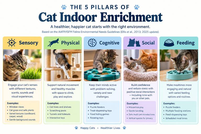 Indoor Cat Enrichment: A Vet-Backed 5-Pillar Framework 2 Five pillars of cat indoor enrichment: sensory, physical, cognitive, social, and feeding, with examples of activities for each