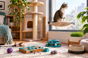 indoor cat enrichment: relaxing on a window perch in a living room with a cat tree, scratching posts, puzzle feeders, toys, and other enrichment activities